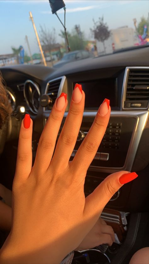 Red French Tip Hoco Nails, Short Square Acrylic Nails Red French Tip, Red Nail Coffin Design, Acrylic Nails To Go With Red Dress, Red Nails Ideas Homecoming, Prom Nails Red French Tip, Prom Red Dress Nails, Coffin Red Tip Nails, Nails That Look Good With Red Dress