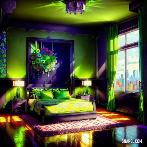 Bedroom with a green and purple theme and a chandelier hanging from the ceiling and a bed. Colors, Tropical rain forest. Sensuous interior design. Follow us and visit our site for more amazing content! #photo #bed #digitalart #sketchbook #hanging #ideas #diningroom #funny #purple #pinterest #color #weird #pattern #texture #artwork Blue Green Purple Interior Design, Purple Green And Black Bedroom, Purple Tropical Bedroom, Purple And Green Bedroom Ideas, Purple And Green Bedroom, Green And Purple Bedroom, Enchanted Decor, Lime Green Bedrooms, Purple Interior Design