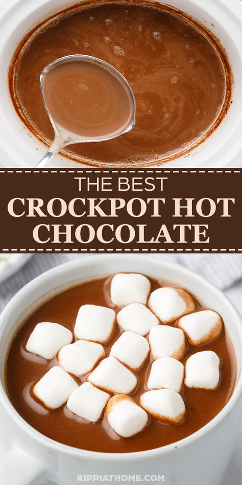 Crockpot with hot chocolate and a mug filled with hot chocolate and topped with marshmallows Crockpot Hot Chocolate With Alcohol, Hit Chocolate In Crockpot, Special Hot Chocolate Recipes, Crockpot Hot Chocolate With Swiss Miss, Dairy Free Crockpot Hot Chocolate, Healthy Crockpot Hot Chocolate, Hot Chocolate In A Crockpot, Homemade Crockpot Hot Chocolate, Crockpot Hot Chocolate Recipes