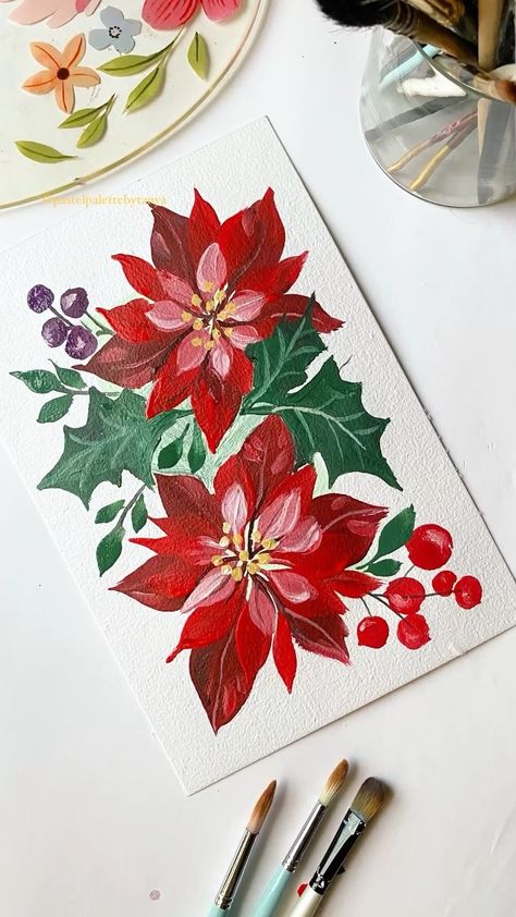 Floral Art Drawing, Pinterest Christmas, Poinsettia Flowers, Abstract Flower Art, Abstract Art Painting Diy, Painting Art Lesson, Art Painting Gallery, Christmas Poinsettia, Drawing For Beginners