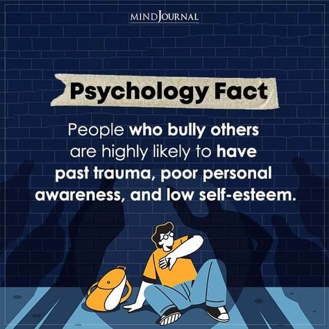 People who bully others are highly likely to have past trauma, poor personal awareness, and low self-esteem. #facts #psychologyfacts #bully Dealing With Bullies, Adult Bullies, Behavioral Psychology, Physiological Facts, Psychological Facts Interesting, Forensic Psychology, Perspective Quotes, Psychology Says, Psychological Facts