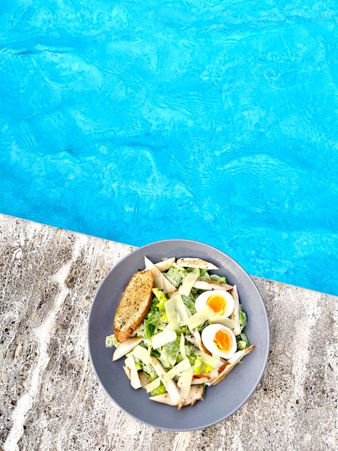 Caesar salad with chicken and boiled eggs by the pool. Healthy salad ideas Poolside Lunch, Lunch By The Pool, Salad Lunch, Caesar Salad, The Pool, Summer 2024, Avocado Toast, Avocado, Toast