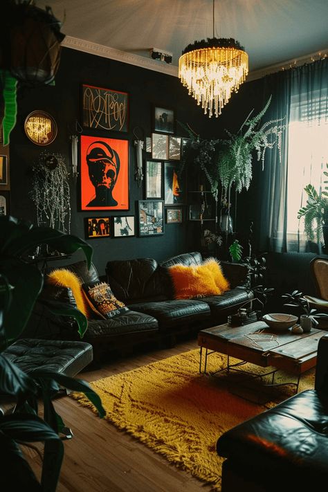 16+ Dark Living Room Ideas - Paul Paint Colorful Goth Living Room, Industrial Pop Art Interior, Moody Electric Interior, Whimsigoth Living Room Aesthetic, Dark Blue Moody Living Room, Cozy Gothic Living Room, Rockstar Living Room, Grunge Interior Design, Dark Apartment Aesthetic