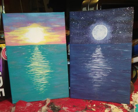 Easy Canvas Art Acrylic Paintings, Day And Night Painting Ideas, Split Canvas Painting Ideas Easy, How To Paint The Sun, Sunset Moon Painting, Night And Day Painting, Sun And Moon Painting Aesthetic, Sunset And Moon Painting, Night Canvas Painting