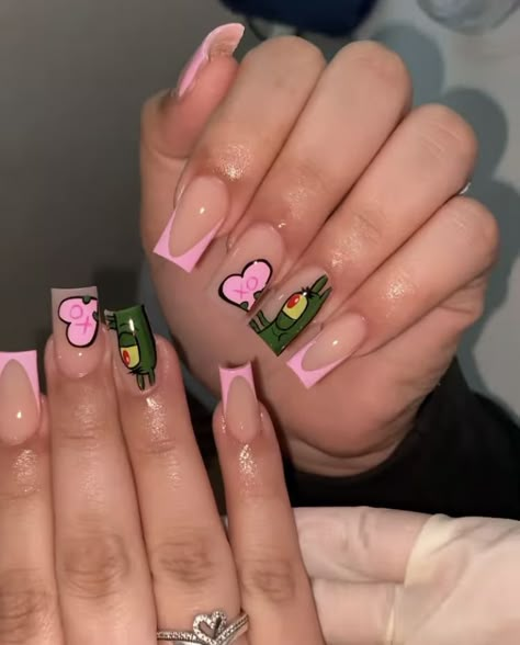 Cartoon Nails Acrylic Short, Valentines Nails Spongebob, Spongebob Almond Nails, Nails Inspiration Cartoon, Short Nails Cartoon Design, Dora The Explorer Nails, Spongebob Nails Designs Short, Valentines Nails Cartoon, Plankton Nail Art