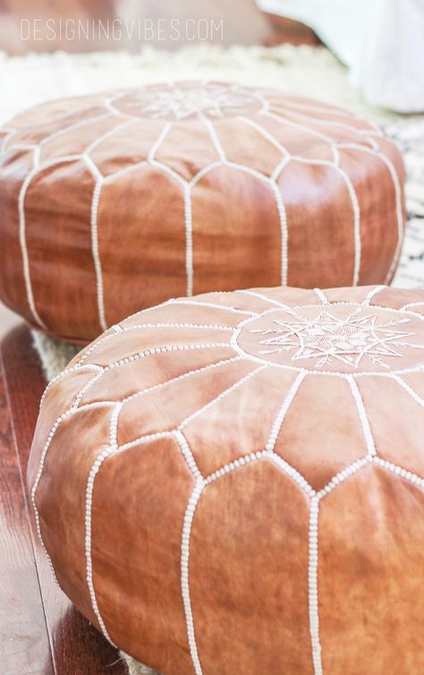 How to Buy Leather Moroccan Poufs on the Cheap- Boho Leather Ottomans Leather Poof, Moroccan Decor Living Room, Boho Ottomans, Leather Ottomans, Art Marocain, Cheap Boho, Cheap Living Room Furniture, Leather Pouf Ottoman, Handmade Ottomans