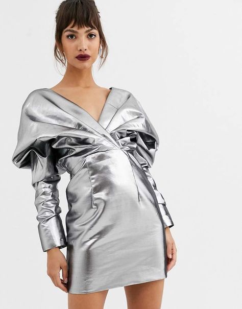 Asos Edition ASOS EDITION extreme shoulder metallic cocktail dress-Silver Female Fashion Illustration, Metallic Skirt Outfit, Metallic Clothing, Cocktail Dress Style, Cocktail Dress Yellow, Silver Cocktail Dress, Lurex Dress, Cocktail Dresses Online, Designer Clothing Brands