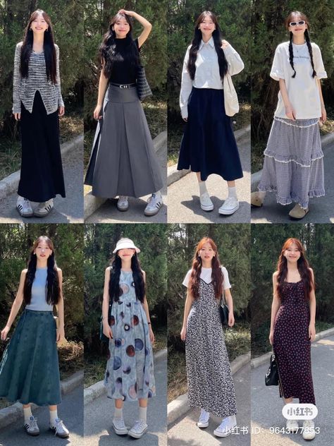 Skirt Outfits Korean Long, Midi Skirt Outfit Japanese, Long Skirt Korean Style, Outfit Ideas Summer Long Skirt, Korean Outfits Long Skirt, Japan Clothes Aesthetic, Japan Skirt Outfit, Japanese Long Skirt Outfit, Korean Long Skirt Fashion