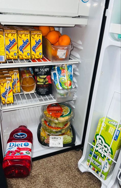 Mini Fridge Inspo Food, Work Mini Fridge Stock, Snacks To Put In A Mini Fridge, Rooms With Mini Fridge, Mini Fridge Aesthetic Food, Mini Fridge Ideas Food, Snacks For Bedroom, Snack Corner Ideas Bedroom, Mini Snack Fridge