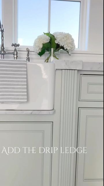 Farm Sink In Laundry Room, Farmhouse Sink Drip Edge, Drip Ledge Under Farm Sink, Drip Ledge Under Sink, Lighting For Laundry Room, Equestrian Kitchen, Farrow Ball Light Blue, Bathroom Downstairs, Under Kitchen Sink