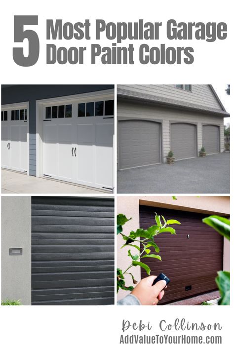 Your garage door can make a statement and enhance your front exterior, it can a neutral and make other attributes of your exterior a focal point, but picking the wrong garage door color for your home can make your home an eyesore. Especially if you have a front loading garage door which takes up to 40% of the front exterior. Picking the right color of your garage door can be tricky because you want it to complement the other house exterior paint colors in a positive way. Tan Garage Door Color Schemes, Painted Wooden Garage Doors, Dark Garage Doors White House, White House Grey Garage Door, Garage And Front Door Matching, Garage Door Colors With Gray House, Garage Door Color Ideas, Garage Door Colors With White House, Garage Door Colors With Tan House