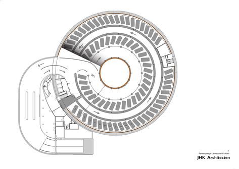 Image 14 of 16 from gallery of Lammermarkt Parking Garage / JHK Architecten. -1 Floor Plan Site Plan Architecture, Car Park Design, Parking Plan, Car Ramp, Parking Building, Circular Buildings, Plan Architecture, Underground Garage, Cladding Design