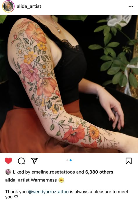 Color Floral Half Sleeve Tattoo, Flowers Arm Tattoo For Women, Floral Color Tattoo, Wildflower Tattoo Sleeve, Botanical Tattoo Sleeve, Floral Sleeve Tattoo, Wildflowers Tattoo, Floral Arm Tattoo, Vintage Flower Tattoo