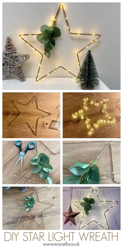 Easy Star Light Wreath — ISOSCELLA Star Frame Wreath, Metal Star Wreath Frame Ideas, Star Wreath Frame, Light Wreath, Diy Star, Lighted Wreaths, Star Candle Holder, Metal Wreath Frame, Diy Pencil