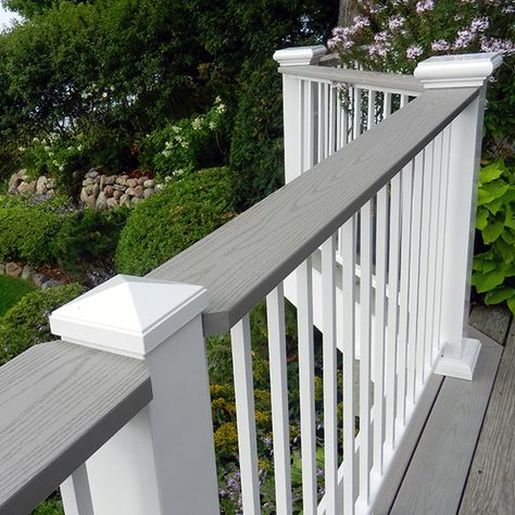 Deck Railing Kits, House Paints, Exterior Updates, Deck Stair Railing, Aluminum Railing Deck, White Deck, Deck Railing Design, Deck Colors, Entry Stairs