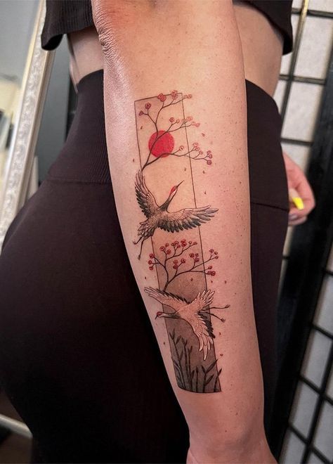 100 Elegant Cherry Blossom Tattoos (Most Unique Gallery) - The Trend Scout Japanese Dragon With Cherry Blossoms, Japanese Tattoo Art Cherry Blossom, Crane Cherry Blossom Tattoo, Japanese Style Tree Tattoo, Japanese Cherry Tree Tattoo, Japan Tatoos Design, Japanese Inspired Tattoos For Women, Japanese Blossom Tree Tattoo, Sakura Tattoo Men