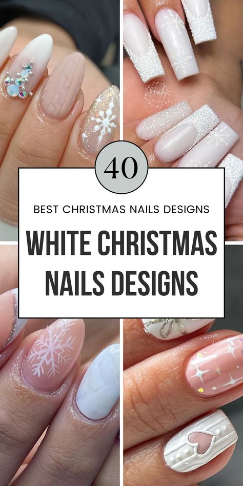 white christmas nails ideas designs nail art holiday nails 1 Holiday White Nails Christmas, Cream And White French Tip Nails, Christmas Nail Design Almond Shape, Holiday Elegant Nails, Milky White Nails With Jewels, White Christmas Nails Ideas, French Tip Nail Designs Christmas, Holiday Nails French Tip Sparkle, Winter Square Nail Designs