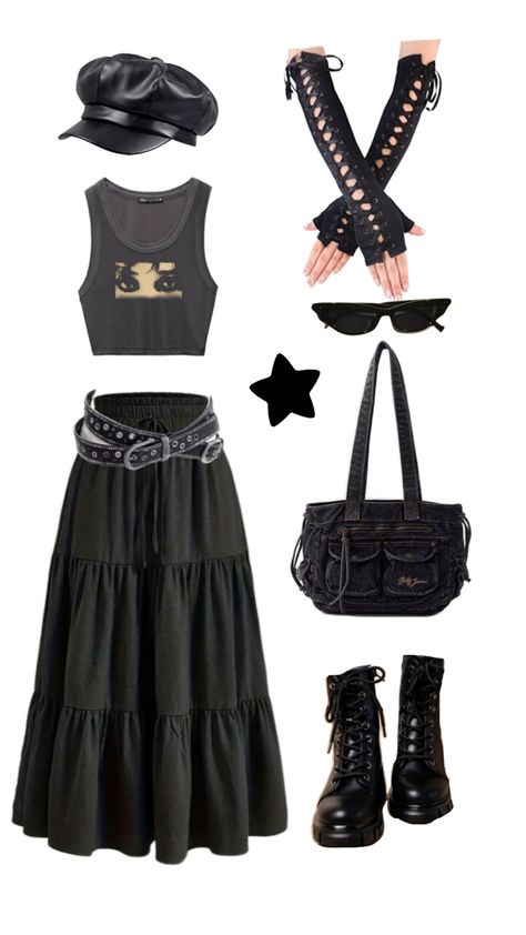 Black maxi skirt with 3 lines of ruffles, black crop top with a woman’s eyes on it, black studded belt with silver accessories, black hat, slim, black cat eye sunglasses, black shoulder bag with various pockets, black combat boots with laces. Maxi Skirt Outfit Grunge, Black Maxi Skirt Outfit, Crop Top And Maxi Skirt, Maxi Skirt Outfit, Outfit Grunge, Maxi Skirt Outfits, Black Maxi Skirt, Little Outfits, Grunge Goth