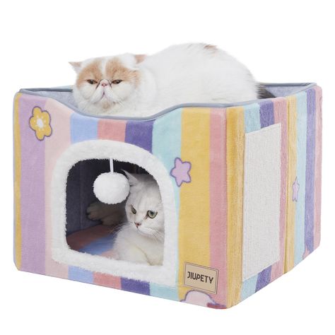 Cat Bed for 2 Cats,Cat Houses for Indoor Cats with Scratch Pad and Cat Ball Toy, Foldable Cat Condo/Kitten Bed,Large Cat Cave Cube for Hideaway,Cute Rainbow Cat Beds,17in Pink Kitten Bed, Cat Cube, Kitten Accessories, Cat Bedroom, Niche Chat, Kitten Beds, Cat Houses, 2 Cats, Cat Ball