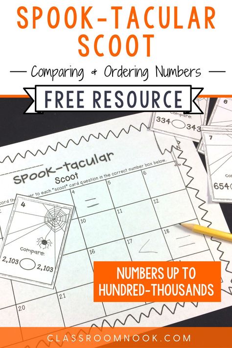 Halloween Games Upper Elementary, Halloween Math Games 3rd Grade, Comparing Numbers Game, Fourth Grade Halloween Activities, Halloween Math Activities 4th Grade, Comparing And Ordering Numbers, Halloween Math Games, Halloween Math Centers, Stem Bins