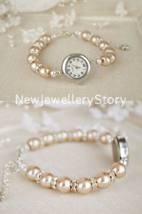 Bronze Pearl Bracelet Watch Beaded Bracelet Watch Bridal Champagne Pearl Bracelet Wedding Jewelry Pearl Watch Ladies Watch Women Watch Pearl Watches Women, Pearl Bracelet Ideas, Beaded Watches Bracelet, Charm Bracelet Watch, Pearl Watch, Ladies Bracelet Watch, Beaded Watches, Pearl Bracelet Wedding, Glowing Necklace