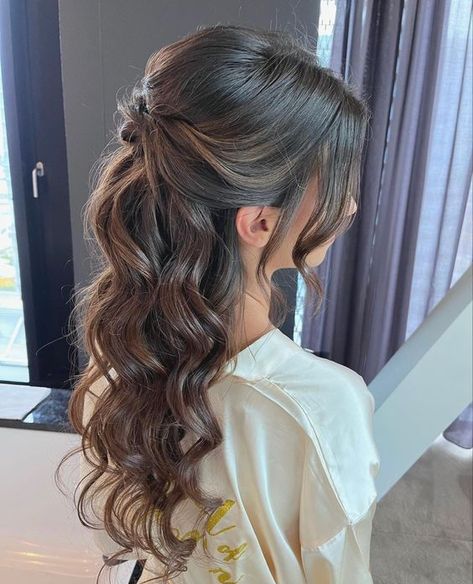 Best Haircuts for Thick, Straight Hair ... Hair Inspo For Engagement, Special Occasion Hairstyles Half Up, Hair Styles For Engagements, Prom Ideas Hairstyles, Prom Hair Styles Half Up Half Down Curly, Curly Hairstyles To Wear With A Dress, Ball Hairstyles Down, Prom Hair Ideas With Bangs, Formal Hairstyles For Long Hair With Bangs