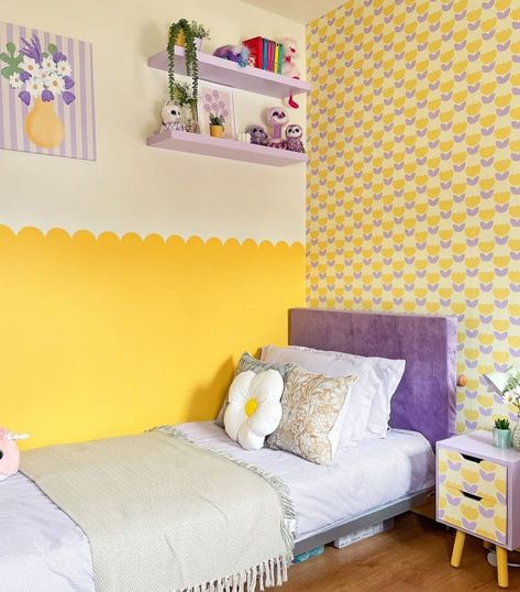 Transformation Tuesday! Isn’t this the coolest teenage room transformation?! I absolutely love Hilary’s choice of colours and Marta’s Tulips wallpaper looks perfect in this room! Swipe to see the before ☺️ credit: @hilaryscolourfulhome Yellow And Lilac Bedroom, Yellow And Purple Bedroom Ideas, Lavender And Yellow Nursery, Purple Yellow Room, Yellow And Purple Room, Purple Grey Bedroom, Purple And Yellow Bedroom, Yellow Kids Bedroom, Renovated Bedroom