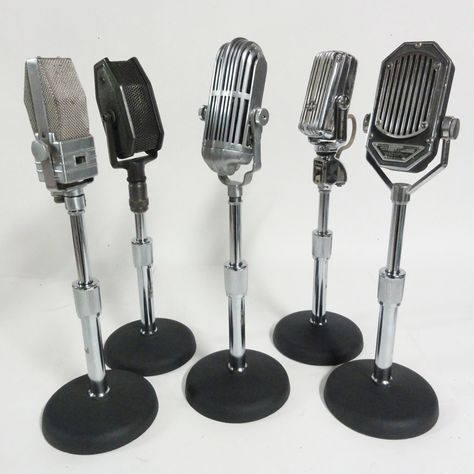 5 early antique microphones circa 1920-1930. All come with adjustable stands. (Group A) Price on request Genie Aesthetic, Old Microphone, Dj Record, Oliver Wood, Home Recording Studio, Old Time Radio, Jukeboxes, Found Art, Record Players