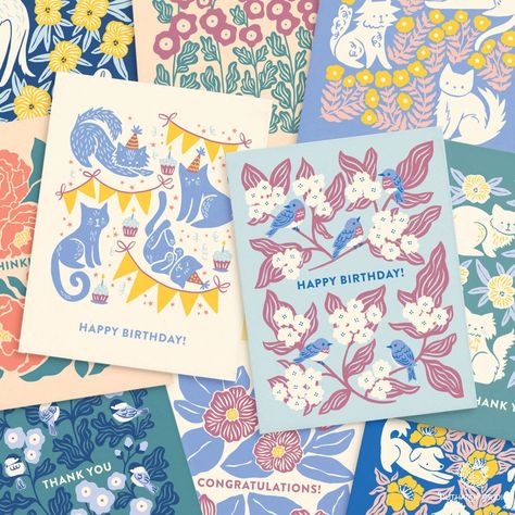 🌞✨ New cards are here! Twenty new special occasion cards are now available in my shop featuring brand-new illustrations of dogs, cats, birds, and flowers. You can mix & match individual cards (25% off when you buy 6 or more) or pick from boxed sets. I had so much fun illustrating this new collection and I'm excited to finally share them. 💛 Happy September, Boho Flowers, Birds And Flowers, Simple Background Images, Cover Paper, Greeting Card Set, Postcard Design, Color Card, Dogs Cats