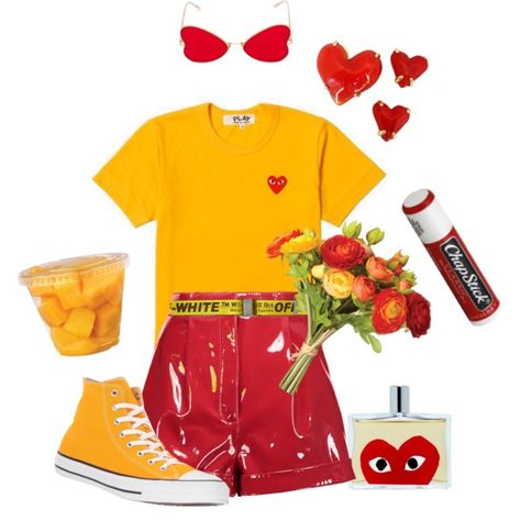 kgchix polyvore red orange yellow aesthetic outfit Red Orange Yellow Aesthetic, Orange Yellow Outfit, Red And Yellow Outfit, Yellow Aesthetic Outfit, Orange Yellow Aesthetic, Apple Dumpling, Masculine Outfits, Yellow Girl, Bright Outfit