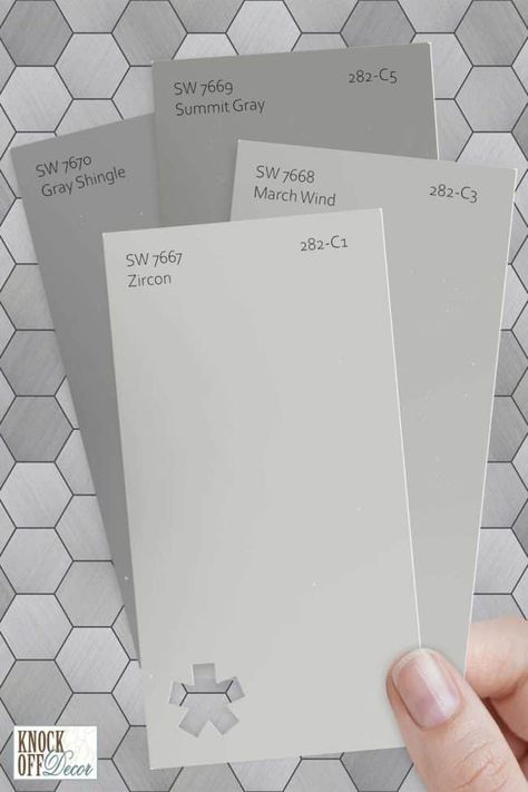 Sherwin Williams March Wind, Zircon Sherwin Williams, Future House Exterior, Sherwin Williams Gray, Popular Paint Colors, Paint Color Inspiration, Grey Paint Colors, Vintage Tile, Wall Paint Colors