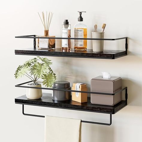 Amazon.com: ZGO Floating Shelves for Wall Set of 2, Wall Mounted Storage Shelves with Black Metal Frame and Towel Rack for Bathroom, Bedroom, Living Room, Kitchen, Office (Black) : Home & Kitchen Bathroom Decor Storage, Wood Wall Shelves, Small Master Bath, Pine Wood Walls, Wall Mounted Storage Shelves, Metal Floating Shelves, Shelves For Wall, Bathroom Shelf Decor, Rustic Floating Shelves