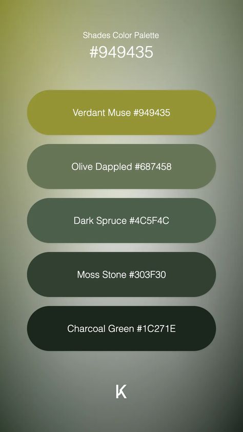 Shades Color Palette Verdant Muse #949435 · Olive Dappled #687458 · Dark Spruce #4C5F4C · Moss Stone #303F30 · Charcoal Green #1C271E Moss Color Palette, Olive Color Palette, Canva Colors, Moss Color, Hex Color Palette, Model Paint, Hex Colors, Paint Ideas, Muse