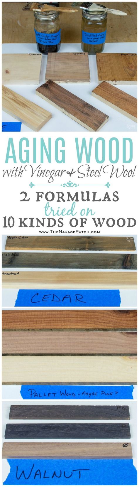 Aging Wood with Vinegar and Steel Wool | DIY wood aging techniques for several wood types | DIY wood aging solution recipe | How to faux age a wood in minutes | DIY black wash recipe | DIY woodworking methods | #TheNavagePatch #DIY #AgingWood #FauxAging #FauxStain #DIYstain #Stain | TheNavagePatch.com Diy Wood Stain, Galaxy Slime, Learn Woodworking, Diy Holz, Aging Wood, Steel Wool, Teds Woodworking, Into The Woods, Woodworking Tips