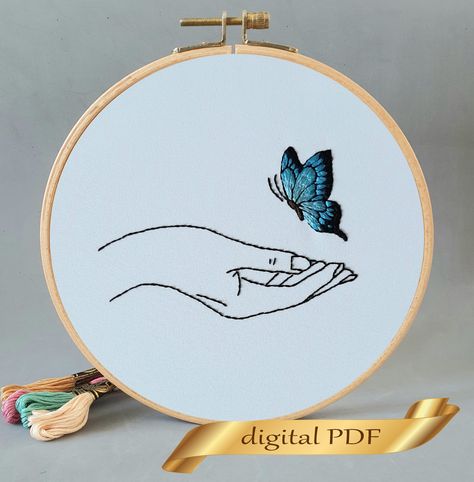 and embroidery blue butterfly pattern for all levels of embroidery artists. Size 3″x5″ (8x12cm) Embroidery Designs Butterfly, Butterfly On Hand, Hand Embroidery Butterfly, Butterfly Embroidery Designs, Butterfly Embroidery Pattern, Butterflies Embroidery, Embroidery Artists, Embroidery Butterfly, Baby Lyrics