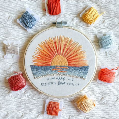 How Deep the Father's Love for Us - This sunset is just beautiful! Looking for a new hobby or are you experienced in embroidery? These kits are perfect for both! This is my newest pass-time and I wanted to share with you all  Included in this kit: A 6" embroidery hoop An embroidery needle 2 pieces of pre-cut cotton fab Sunset Embroidery, Christian Embroidery, Father's Love, Grace Christian, Love Embroidery, Digital Embroidery Patterns, Meaningful Art, Toddler Play, Embroidery Supplies