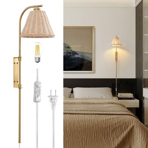 Rattan Fabric, Bedside Wall Lamps, Lamps Gold, Plug In Wall Lamp, Rattan Wall, Rattan Shades, Wall Sconces Bedroom, Wall Lamps Bedroom, Sconces Bedroom