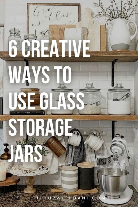 Want to know what to do with empty glass jars? Here are 6 creative glass storage jars ideas for kitchen storage, laundry detergent, home decor, and more! Glass jars for laundry detergent. Glass jars for pantry storage. Glass jars home decor. Glass jars decorating ideas. Glass jars for kitchen storage. Glass jars ideas. Glass Jars For Kitchen Storage, Clear Jars In Kitchen, Apothecary Glass Jars, Kitchen Storage Jars Ideas, Pantry With Glass Jars, Giant Jar Ideas, What To Store In Glass Jars, Glass Storage Jars Kitchen, Things To Put In Glass Jars Display