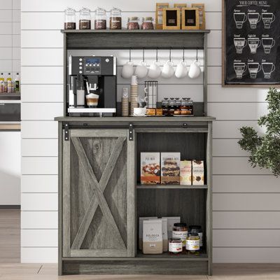 Gracie Oaks Color: Gray | Gracie Oaks Mikaeel 50 Kitchen Pantry 50.0 H x 31.5 W x 15.75 D in Wood in Gray | 50" H X 31.5" W X 15.75" D | Wayfair Gray Coffee Bar, Coffee Bar Table, Farmhouse Buffet Cabinet, Black Metal Shelf, Coffee Bar Cabinet, Home Bar Cabinet, Farmhouse Buffet, Bar Cabinets, Farmhouse Coffee Bar