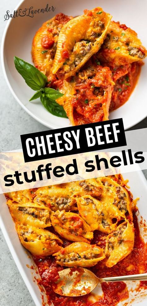 Pasta Shells With Ground Beef, Ground Beef Stuffed Shells, Beef Stuffed Shells, Shells With Ground Beef, Jumbo Shell Recipes, Big Shells, Baked Stuffed Shells, Baked Pasta Recipe, Shell Pasta Recipes