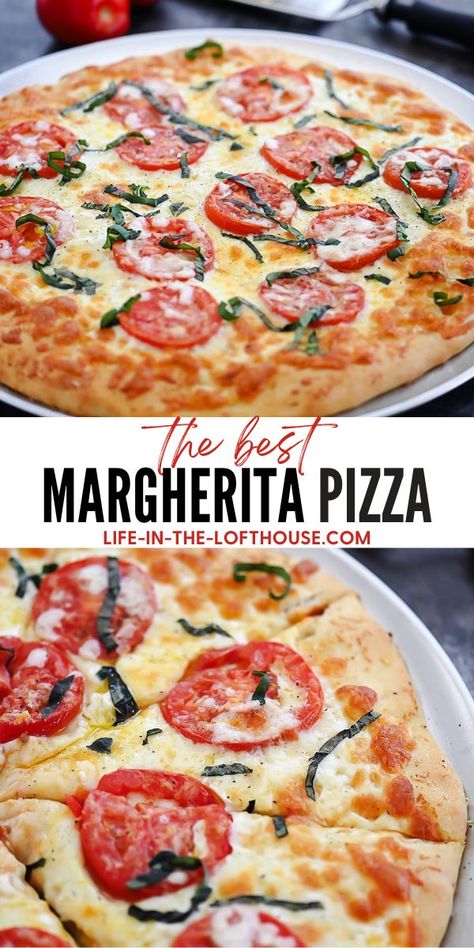 Margherita Pizza is one of the most classic and honored Italian recipes. Homemade pizza dough is topped with olive oil, fresh garlic, mozzarella cheese, tomatoes, and basil. Margherita Pizza Recipe, Basil Pizza, Pizza Life, Margarita Pizza, Resepi Biskut, Best Pizza Dough, Making Homemade Pizza, Homemade Pizza Dough, Pizza Recipes Homemade