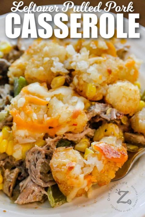 Easy & Cheesy Leftover Pulled Pork Tater Tot Casserole Leftover Pulled Pork Casserole, Leftover Pulled Pork Recipes, Pork Casserole Recipes, Pulled Pork Casserole, Leftover Pork Recipes, Shredded Pork Recipes, Pulled Pork Leftover Recipes, Leftover Pulled Pork, Bbq Pulled Pork Recipe