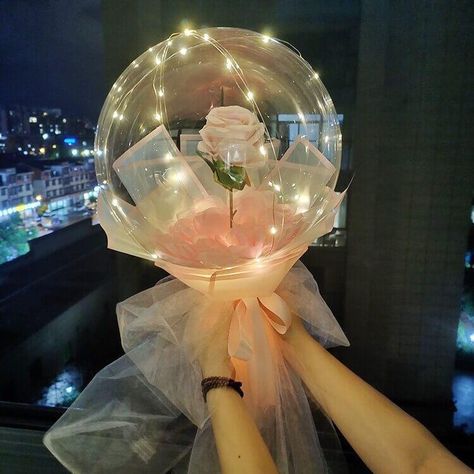 Rose Buket, Clear Balloons, Rose Champagne, Romantic Moments, Helium Balloons, Artificial Roses, Led String Lights, Beautiful Bouquet, The Balloon