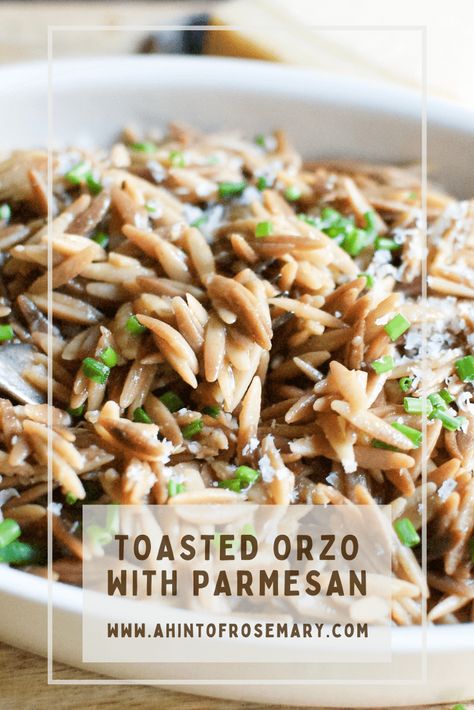 Rich, nutty & flavorful. Pair this Toasted Orzo with Parmesan up with grilled fish or chicken. Use vegetable broth for your vegetarian friends. A Hint of Rosemary #pasta #orzo #sidedish #sides #dinner #vegetarian #cheese #ahintofrosemary Rosemary Pasta, Toasted Orzo, Sides Dinner, Pasta Orzo, Greek Orzo, Dinner Vegetarian, Vegetable Broth, Grilled Fish, Vegetarian Cheese