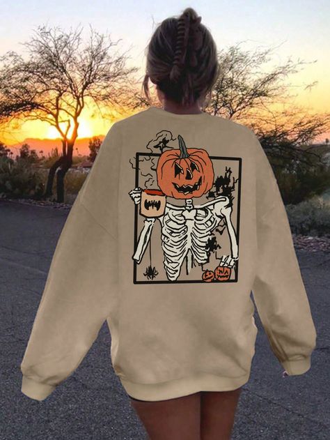 Women's Halloween Skeleton & Pumpkin Print Fleece Sweatshirt Khaki Casual  Long Sleeve Fabric Cartoon,Halloween Pullovers Slight Stretch Fall,Winter Women Clothing, size features are:Bust: ,Length: ,Sleeve Length: Halloween Hoodie Aesthetic, Halloween Sweatshirt Ideas, Marvel Halloween, Marvel Halloween Costumes, Hoody Outfits, Tshirt Prints, Halloween Hoodies, October Fashion, Plus Size Halloween Costume