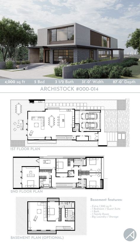 Minimalist House Plans 2 Floor, Minimalist House Floor Plan, Basement Plans Layout, Modern Lake House Plans, Modern Home Floor Plans, Villa Floor Plan, Open Concept House Plans, Open Concept Living Dining, Vacation House Plans