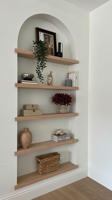 Instagram Arched Shelves Living Room, Arched Niche In Wall Living Room, Arch Niche In Wall, Arch Feature Wall Design, Arched Recessed Shelves, Recessed Shelves Kitchen, Arch Niche In Wall Decor, Arch Living Room Design, Narrow Shelf Styling