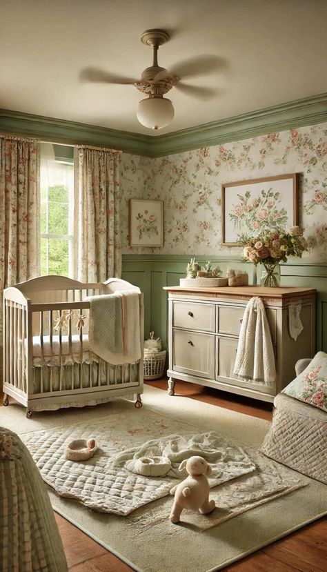 25 Sage Green Nursery Ideas for a Soothing and Serene Baby Room 49 Round Room Ideas, Vintage Green Nursery, Vintage Baby Nursery Girl, Cottage Baby Nursery, Sage Green Kids Room, Cottagecore Nursery Ideas, Country Girl Nursery, Green Girl Nursery