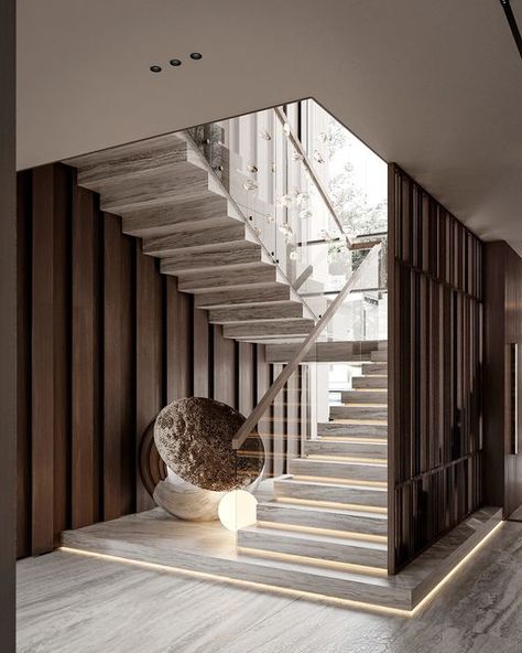 Modern Indoor Stairs, Luxury Stairs Grand Staircase, Stairs Design Modern Interiors, Grand Staircase Modern, Modern Stairs Design Luxury Stairways, Staircase Design Modern Stair Walls, Stair Railings Farmhouse, Stair Rail Ideas, Stairs Railing Ideas