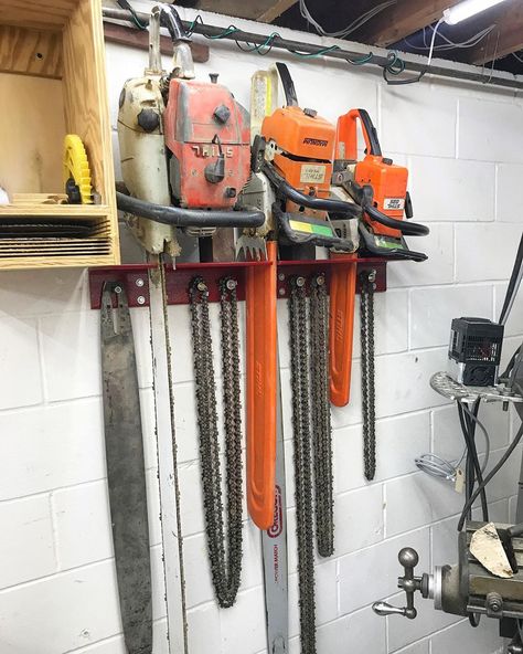 Matt Cremona on Instagram: “Chainsaw storage rack is done! Video on how I made it is up on my YouTube channel.  Link in my profile 👉@mattcremona👈” Chainsaw Storage Ideas, Chainsaw Rack, Chainsaw Storage, Garage Organization Tips, Garage Organisation, Storage Shed Organization, Garage Workshop Organization, All Ideas, Garage Tool Organization